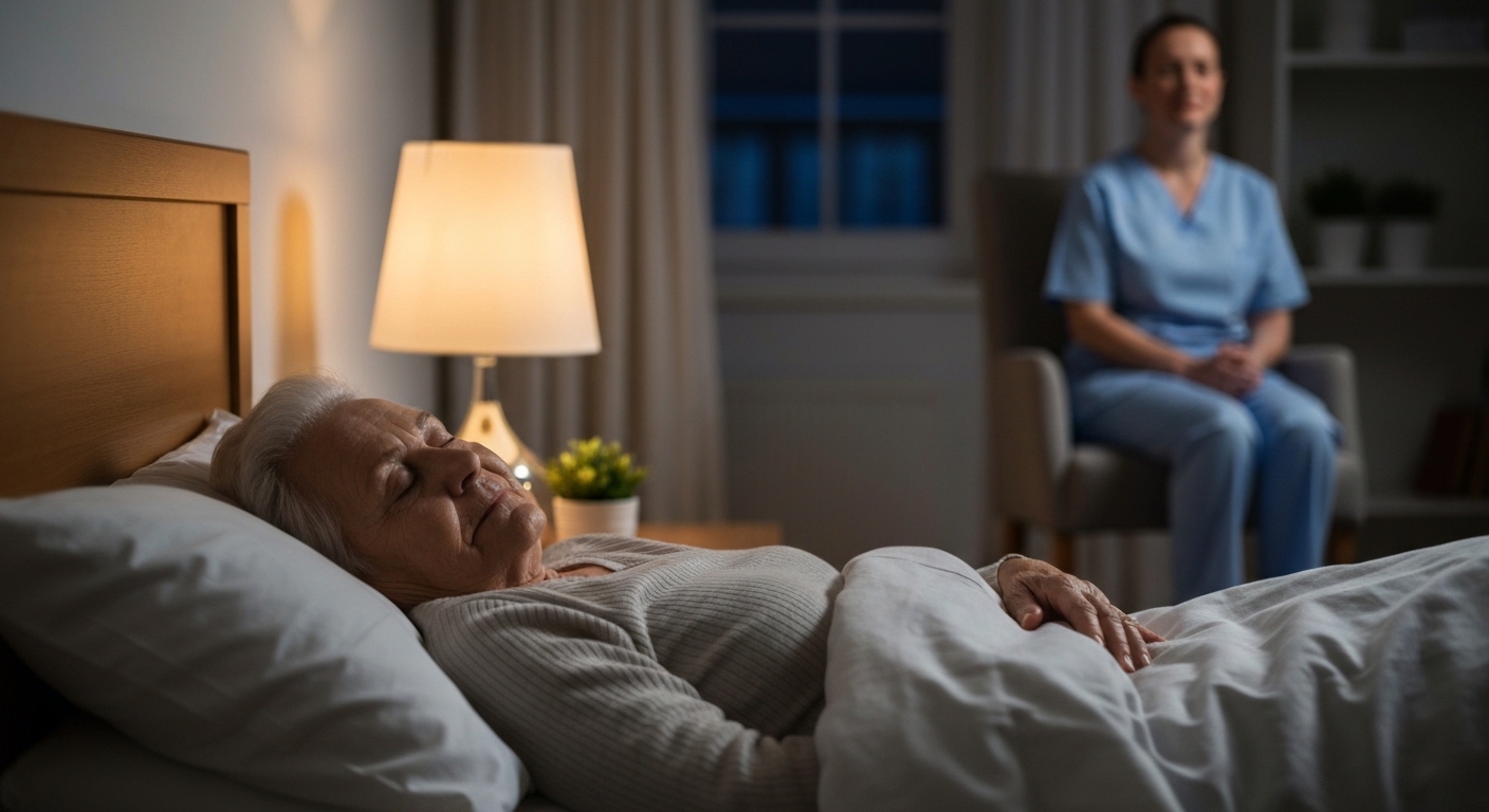 Présence de nuit domicile: Personne âgée dormant paisiblement dans sa chambre, avec une auxiliaire de vie discrète en arrière-plan.