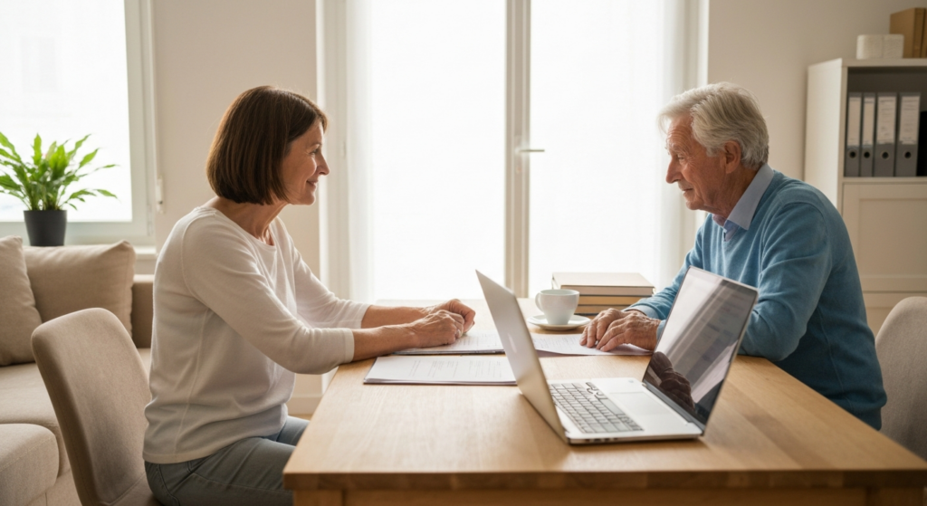 Photo lumineuse en plan moyen d'une scène domestique française contemporaine : une personne adulte d'âge moyen assise à côté d'un parent âgé à cheveux gris dans un salon lumineux aux tons clairs et chaleureux. Ils sont installés côte à côte autour d'une table basse en bois clair, sur laquelle sont posés quelques documents administratifs, un ordinateur portable ouvert et une tasse. L'ambiance est sereine et bienveillante, lumière naturelle douce entrant par une fenêtre en arrière-plan légèrement floue. Canapé beige, plante verte en pot visible sur le côté. Style photographie documentaire réaliste, profondeur de champ moyenne, tons naturels et rassurants. Pas de visages de face reconnaissables, vue de trois quarts ou profil. Atmosphère de confiance et d'accompagnement quotidien.