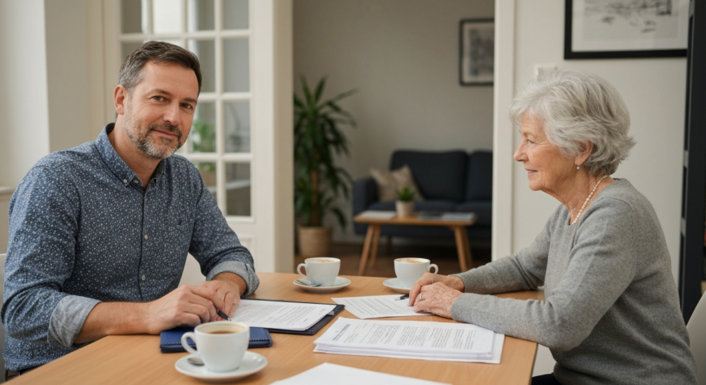 Photographie réaliste en lumière naturelle d'un adulte d'âge moyen assis à côté d'une personne âgée à une table de salon français contemporain, documents administratifs et stylo posés sur la table, tasses de café, ambiance chaleureuse et apaisante, vue légèrement en plongée, style photo éditoriale lifestyle, couleurs douces et lumineuses, arrière-plan flou montrant un intérieur cosy avec canapé et plantes vertes.