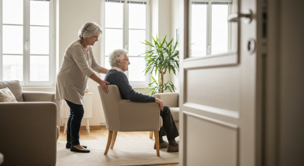 Photographie éditoriale lumineuse d'un salon français contemporain, vue en plan large légèrement en plongée. Une femme d'âge mûr aide avec douceur une personne âgée à se lever d'un fauteuil confortable, geste naturel et bienveillant. Lumière naturelle douce provenant d'une fenêtre latérale, ambiance chaleureuse et apaisante. Décor sobre et réaliste : tapis clair, plante verte en arrière-plan, tons beiges et blanc cassé. Style photographique documentaire, profondeur de champ moyenne, atmosphère authentique et rassurante. Personnes vues de trois-quarts ou de profil, pas de visage face caméra.