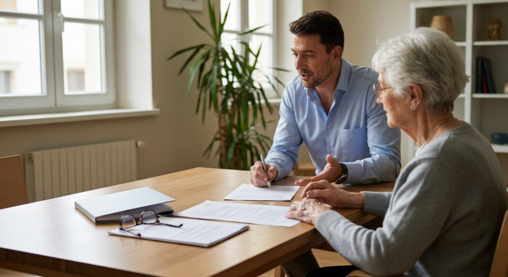 Photographie réaliste en intérieur d'un salon français lumineux, lumière naturelle douce filtrant par une fenêtre, table en bois clair au premier plan avec documents administratifs soigneusement disposés, stylo et lunettes posés à côté, personne âgée assise vue de trois-quarts arrière, adulte d'âge moyen penché attentivement sur les papiers en position d'accompagnement, professionnel de l'aide à domicile en tenue discrète debout à côté expliquant calmement avec geste rassurant de la main, ambiance chaleureuse et apaisante, palette de couleurs douces beige et blanc cassé, plantes vertes en arrière-plan flou, style éditorial magazine lifestyle français, composition horizontale équilibrée, angle de caméra légèrement en hauteur, profondeur de champ moyenne, aucun texte visible, aucun logo, visages non identifiables.